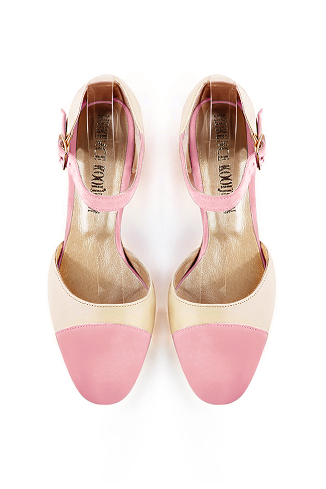 Women's carnation pink and champagne white open side dress shoes, with an instep strap. Round toe. Medium block heels - Top view